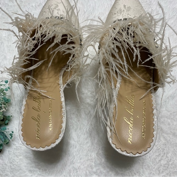 Antonio Melani x Nicola Bathie Liz Ostrich Feathers Rhinestone Dress Mules - Picture 10 of 16